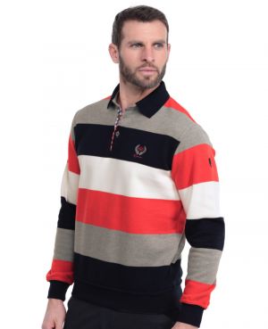 Long sleeve polo-shirt, GREY / NAVY / WHITE / ORANGE stripes