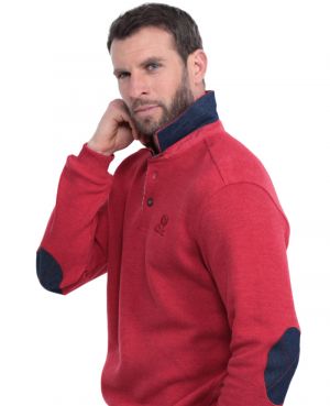 Long sleeve polo-shirt, soft touch light red denim elbows