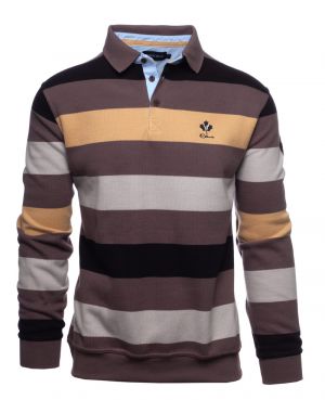 Long sleeve polo-shirt, TAUPE / SAND / GREY / BLACK stripes