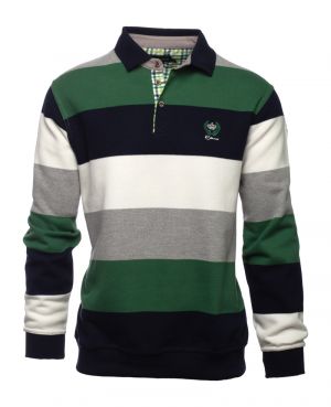 Long sleeve polo-shirt, GREY / PINE GREEN / NAVY / WHITE stripes
