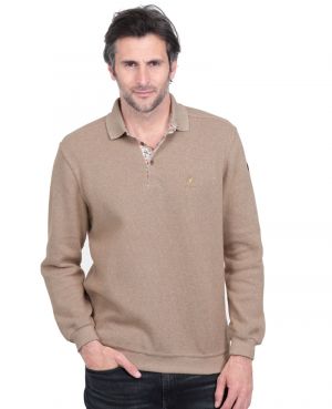 Long sleeve polo-shirt, soft touch BEIGE, floral button placket