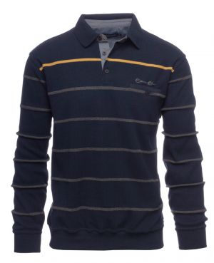 Polo shirt in light knit, NAVY stripes ocher / grey