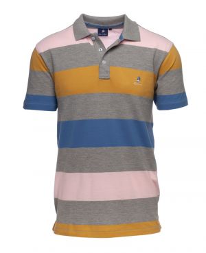 Short sleeve polo-shirt, with large GRAY CURRY PINK BLUE stripes