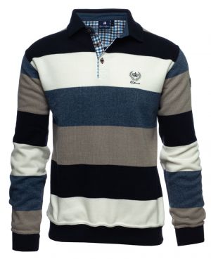 Long sleeve polo-shirt, NAVY / WHITE / GREY / BLUE stripes