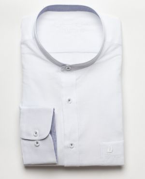 White Mandarin Collar Shirt in Linen and Cotton Blend - Breathability and Easy Care