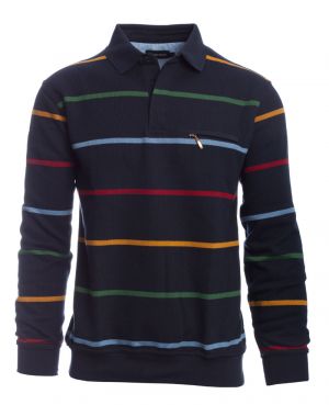 Long sleeve polo-shirt, NAVY / BLUE / RED / GREEN /YELLOW stripes pocket