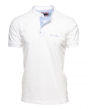 White Piqu Knit Polo with Mandarin Collar - Casual Elegance Made in Portugal