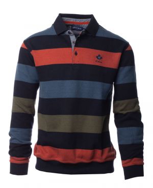 Long sleeve polo-shirt, DARK ORANGE / NAVY / KHAKI / BLUE stripes
