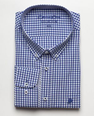 Navy Blue Gingham Shirt in Cotton-Polyester Blend - Comfort & Easy Iron