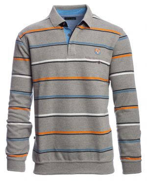 Long sleeve polo-shirt, GREY / ORANGE / SKY BLUE stripes