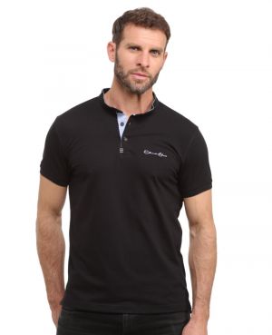 Short sleeve polo-shirt, BLACK piqu, mao collar