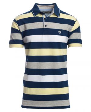 Short sleeve polo-shirt, Navy / Grey / Yellow / White stripes