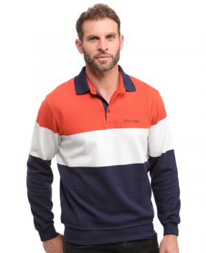 Ottoman Knit Polo Collar Sweater - Coral, Ecru, and Navy
