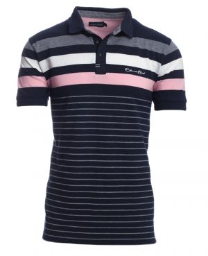 Short sleeve polo-shirt, NAVY / PINK / WHITE stripes 3XL-4XL