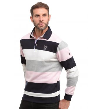 Long sleeve polo-shirt, GREY / PINK / NAVY / WHITE stripes