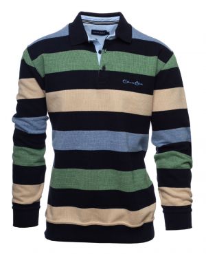 Striped Brushed Knit Polo  Green, Beige, and Blue  Ethical Comfort