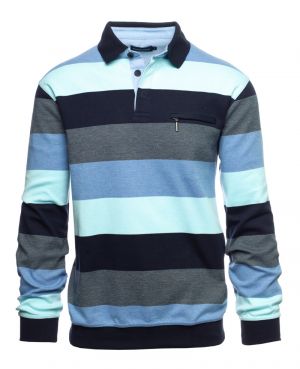 Long sleeve polo-shirt, NAVY / BLUE / GREY / TURQUOISE  stripes pocket 3XL 4XL