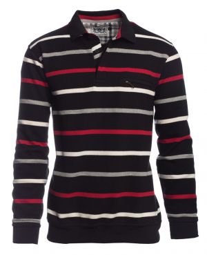 Long sleeve polo-shirt, pocket, BLACK / RED / WHITE / GREY stripes