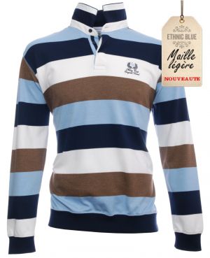 Long sleeve polo-shirt, NAVY / BROWN / SKY BLUE stripes 3XL 4XL