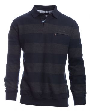 Long sleeve polo-shirt, pocket, NAVY / DARK GREY stripes