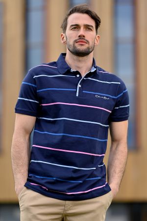 Short sleeve polo-shirt, NAVY / SKY BLUE / PINK stripes in JERSEY