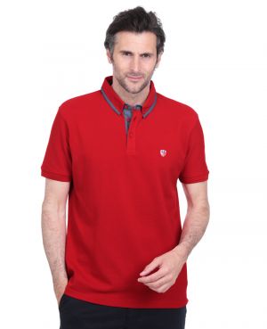 Short sleeve polo-shirt, RED piqu fancy collar