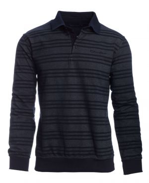 Long sleeve polo-shirt, pocket, HEATHER NAVY / dark blue stripes