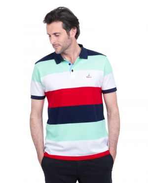 Short sleeve polo-shirt with large RED NAVY WHITE AQUA stripes