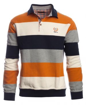 Long sleeve polo-shirt, NAVY / OCHER / GREY / ECRU stripes