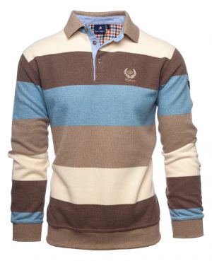 Long sleeve polo-shirt, BEIGE / ECRU / BROWN / SKY stripes