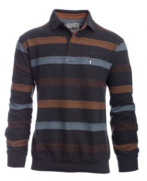 Long sleeve polo-shirt, DARK GREY / BLUE / CAMEL / BROWN stripes pocket