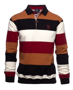 Long sleeve polo-shirt, RED/ WHITE / BLACK / CARAMEL stripes