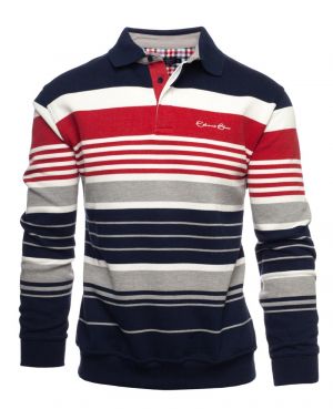Long sleeve polo-shirt,/ NAVY / WHITE / RED/ GREY stripes