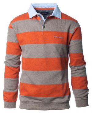 Long sleeve polo-shirt, pocket, BEIGE / ORANGE stripes, double collar
