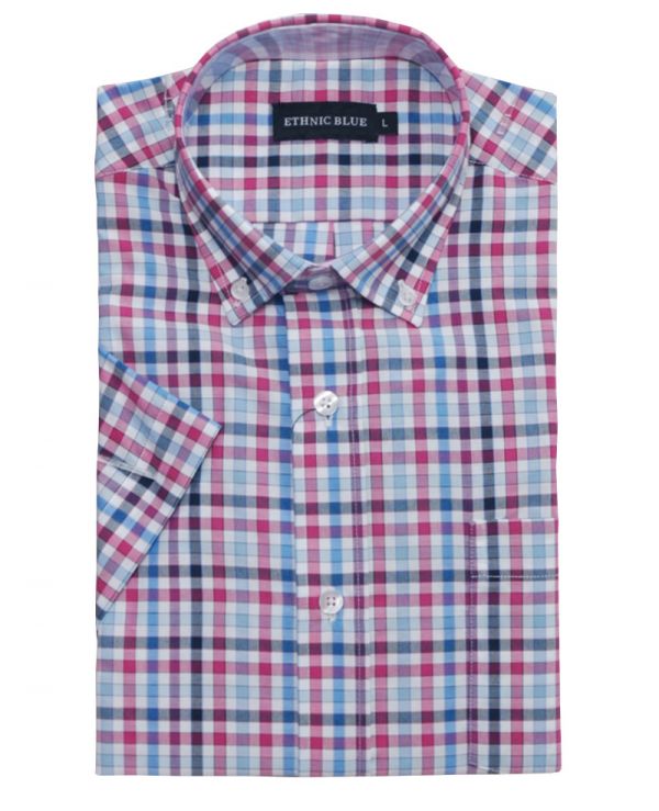 Men's shirt, short sleeves, navy pink checkered fabric, pocket 3XL ...