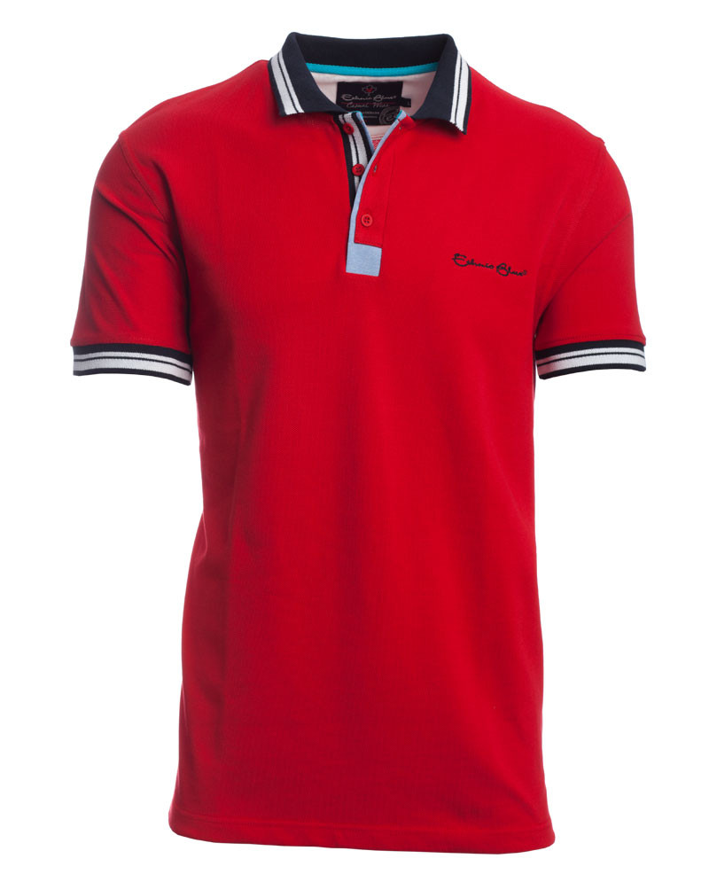Men's polo, pique, short sleeves, striped collar, red / Short Sleeve ...