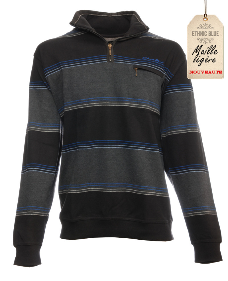 Men's sweater, zip neck, long sleeves, black grey royal blue stripes ...