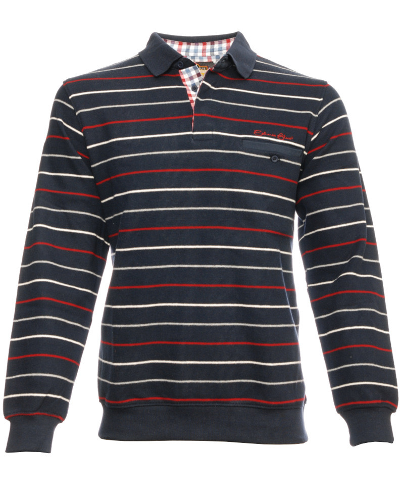 Men's polo, long sleeves, navy red grey white stripes, pocket, soft ...