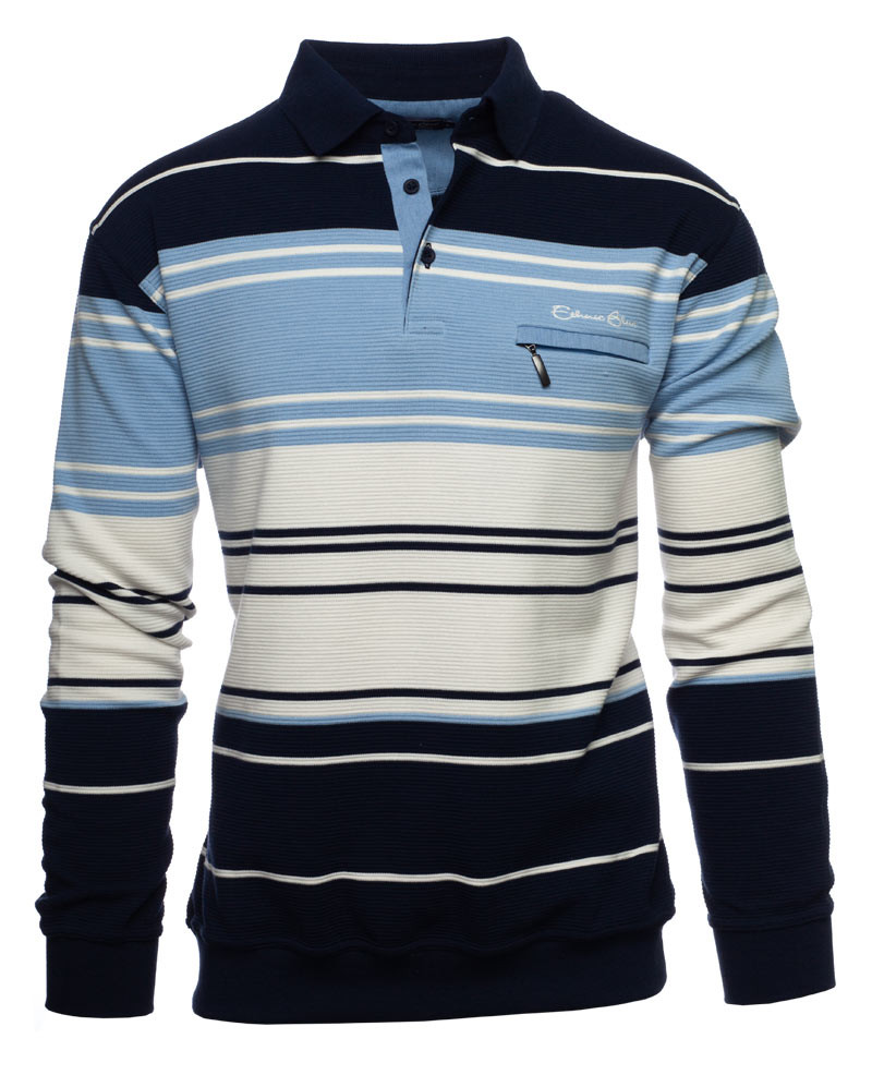 Men\'s Long sleeve polo-shirt, sky white navy, ottoman knit / Stripe Polo —  Ethnic Blue