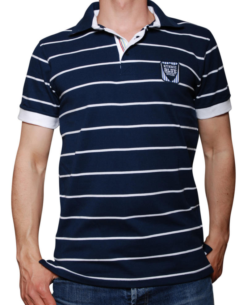 Men's polo, short sleeves, navy white stripes, piqué, striped collar ...
