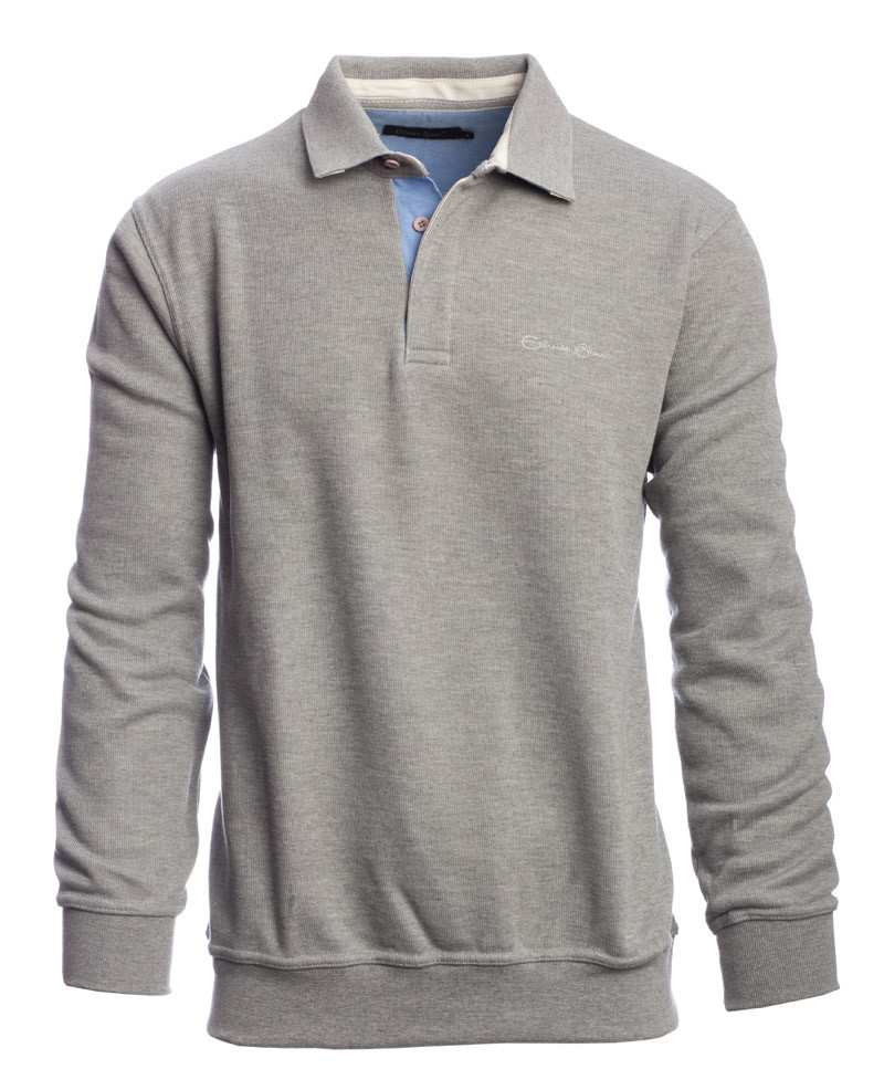 Men's polo, long sleeves, grey linned collar / LOW PRICES — Ethnic Blue