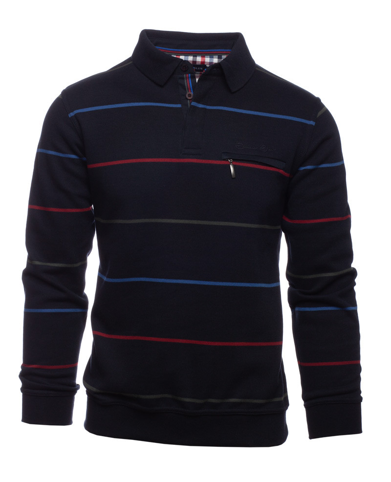 Men's polo, long sleeves, navy red blue khaki stripes, soft touch / LOW ...