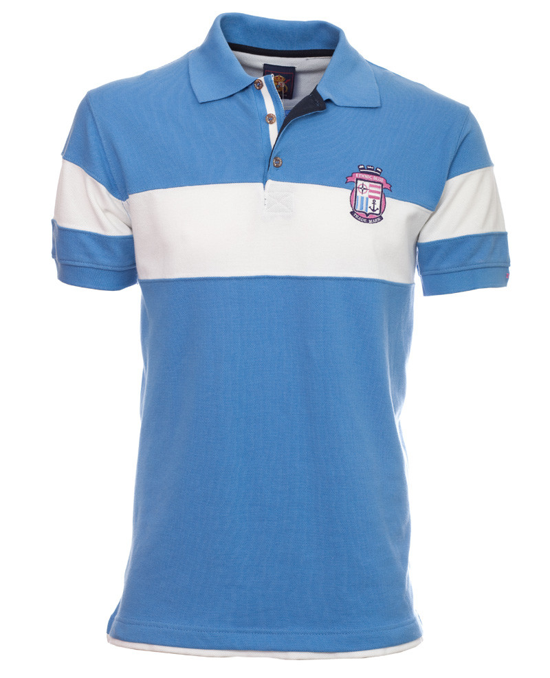 Men's polo, short sleeves, ocean blue white stripes, piqué / Short ...